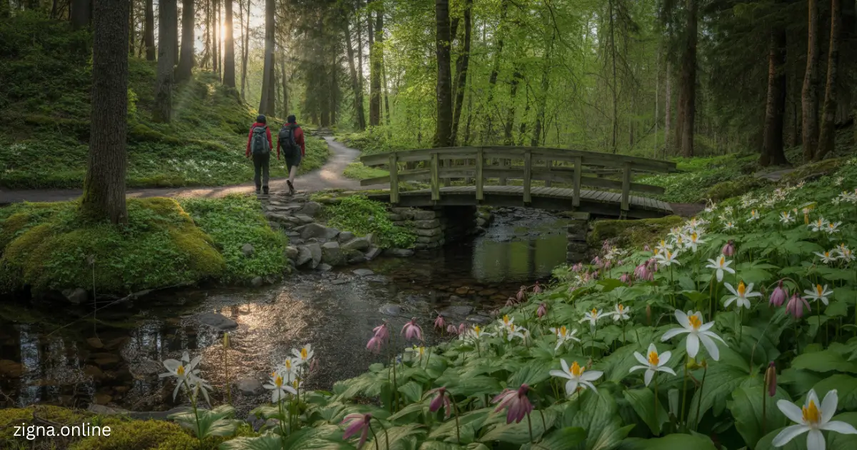 two people walking on a path in a forest