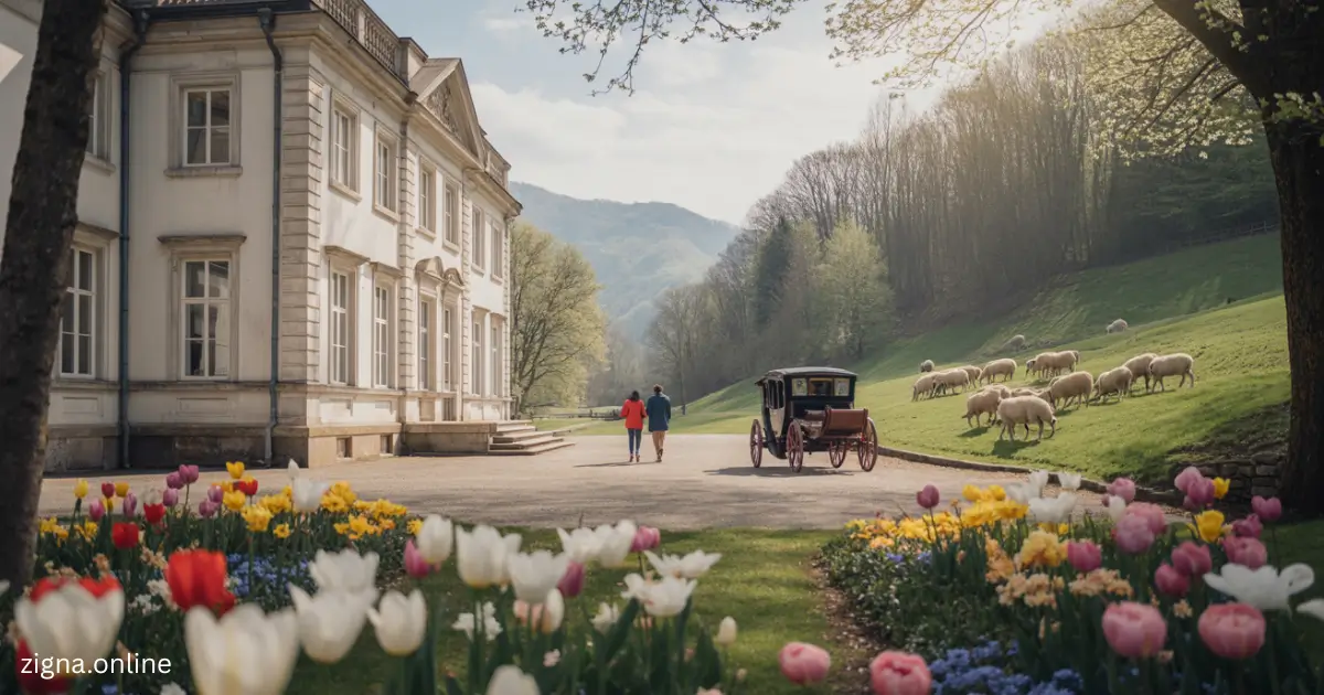 a couple walking down a road with a horse carriage and sheep grazing