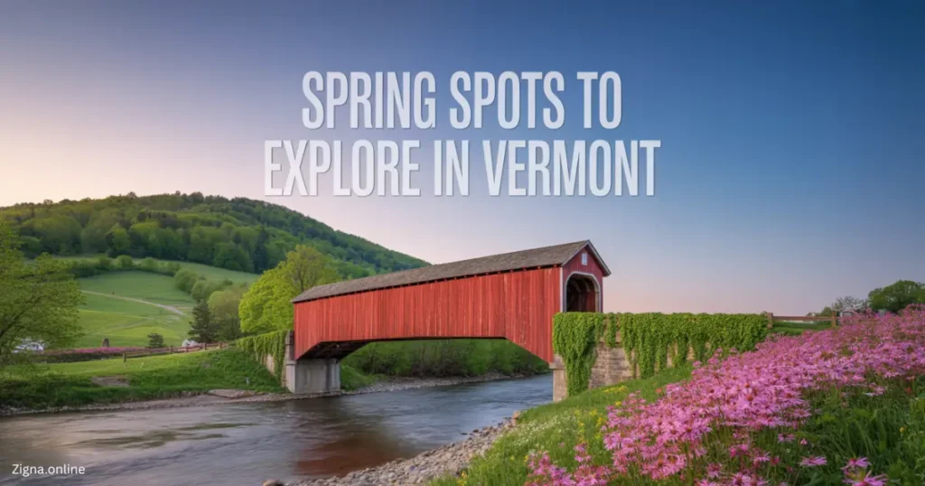 A red covered bridge spans a river surrounded by green hills and blooming pink flowers under a clear sky, inviting you to discover the best Spring Spots to Explore in Vermont.