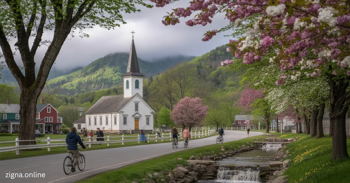 a church with a steeple and people riding bikes