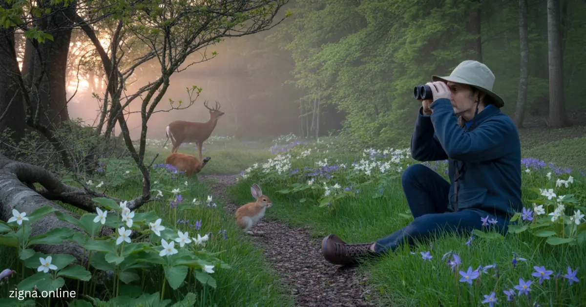 a person sitting on a path with binoculars and a rabbit in the background