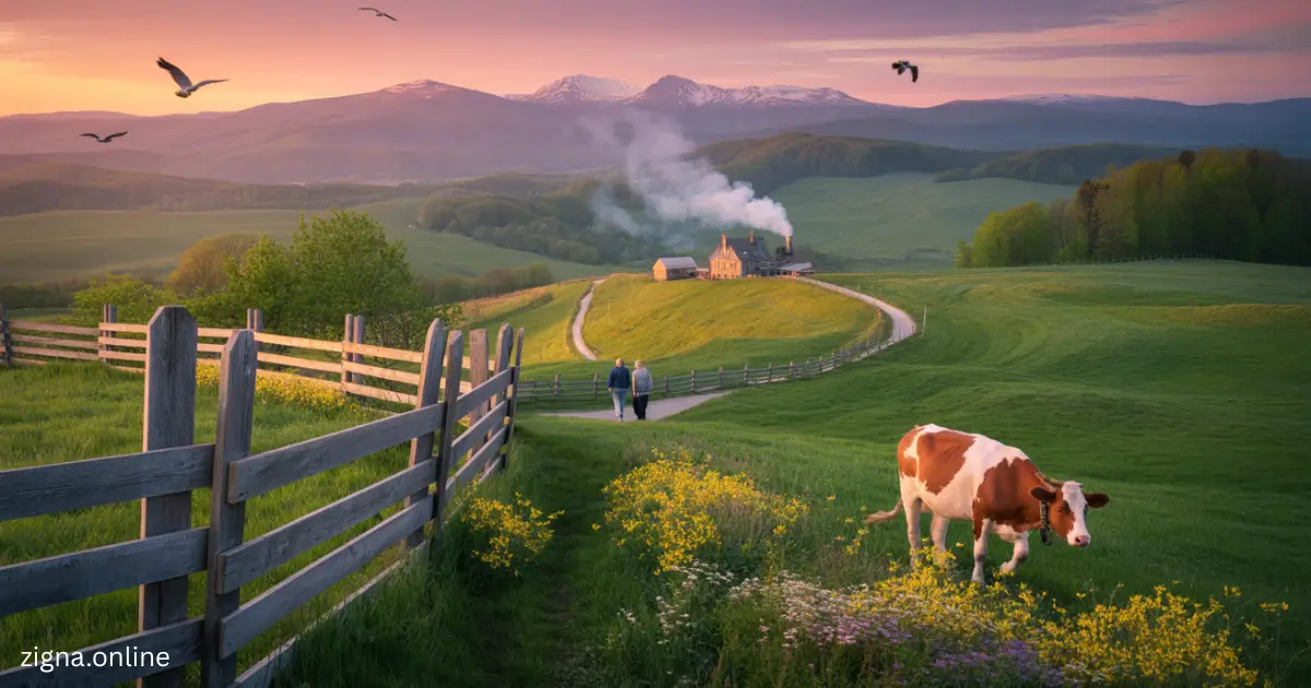 two people walking on a path in a grassy field with a house and mountains in the background